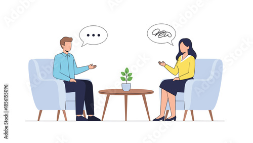 Therapist and client sitting opposite each other, discussing complex thoughts during a therapy or counseling session for mental well-being.