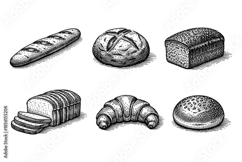 Hand drawn bread collection: loaves, croissant, and buns in vintage style