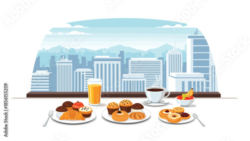 Delicious breakfast spread of assorted pastries, muffins, coffee, juice, and fresh fruit, with a stunning city skyline view from a window.