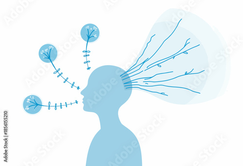 Abstract Illustration of Human Mind with Creative Blue Lines and Blossoming Connections Symbolizing Ideas and Growth
