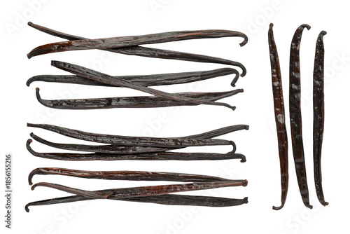 Vanilla pods in dark brown color with rustic texture and natural lighting for culinary use