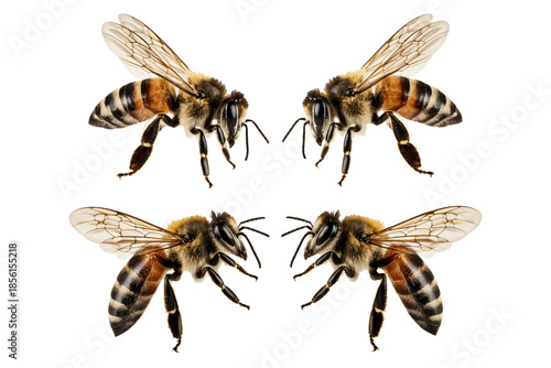 Honey Bees in Various Positions with Transparent Wings in Bright Natural Lighting on White Background for Entomology
