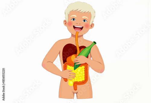 Anatomical Illustration of a Young Child Highlighting Digestive and Circulatory Systems with Liver, Intestines, and Stomach Features
