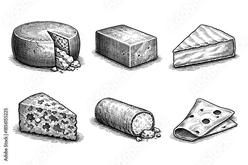 Hand drawn cheese collection with detailed engravings