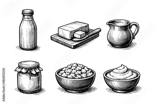 Hand drawn dairy products set with milk, butter, cheese, cream, and yogurt