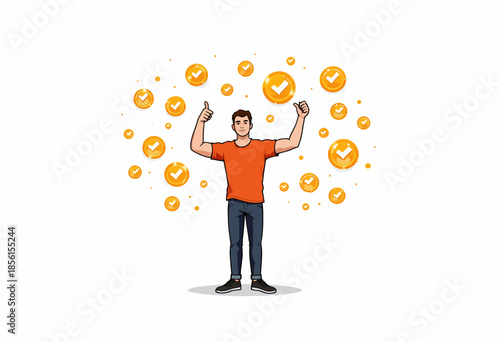 Illustration of a Confident Individual Surrounded by Floating Orange Checkmark Symbols Giving Thumbs Up Signifying Approval and Success