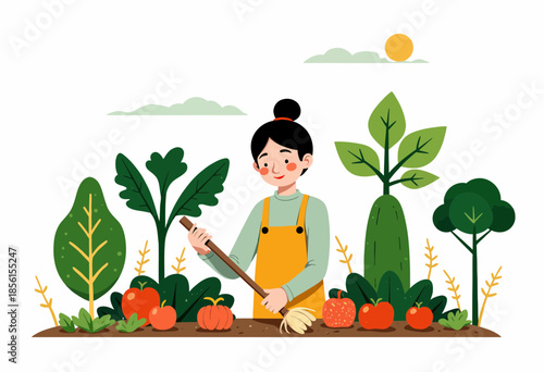Young Gardener Tending to Vibrant Vegetable Patch Amidst Lush Greenery Under Sunny Sky with Joyful Expression while Harvesting Fresh Produce in Home Garden