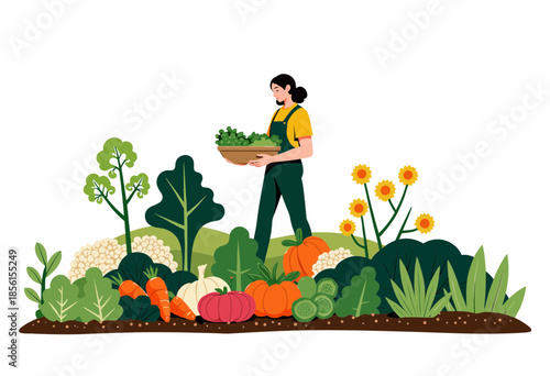 Illustration of a Gardener Collecting Fresh Vegetables Among Lush Greenery in a Vibrant and Diverse Garden Setting with Various Vegetables and Flowers