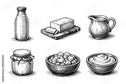 Hand drawn dairy products collection with milk, cream, butter, and cheese