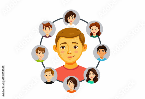Illustration of Social Network Connections Featuring Diverse Cartoon Avatars Encircling Central Figure Indicative of Digital Community Interaction