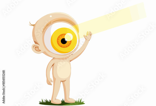 Illustration of a Cyclops-like Cartoon Character with a Giant Eye Emitting a Beam of Yellow Light from Its Eye in a Grassy Field