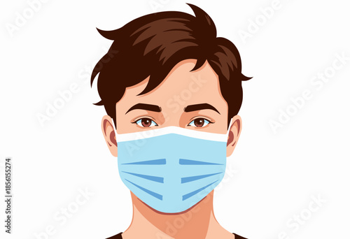 Illustration of a Person with Dark Hair Wearing a Protective Blue Face Mask on a Plain White Background