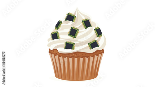 Delicious cupcake with a generous swirl of white frosting, adorned with multiple small microchips, symbolizing tech integration in food.