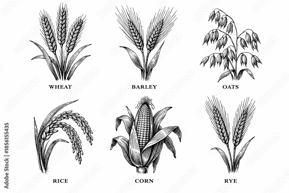 Obraz premium Hand drawn grain plants collection: wheat, barley, oats, rice, corn, rye