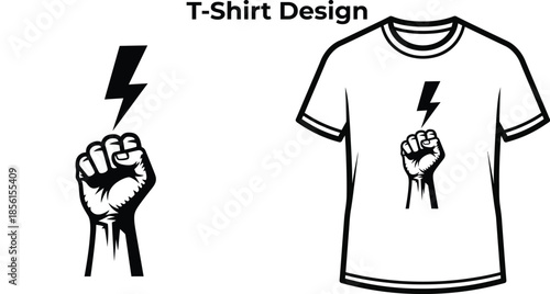 T-shirt design of Power typography with fist and lightning for strength logo, strong protest badge, human energy emblem and isolated on transparent revolution graphic illustration