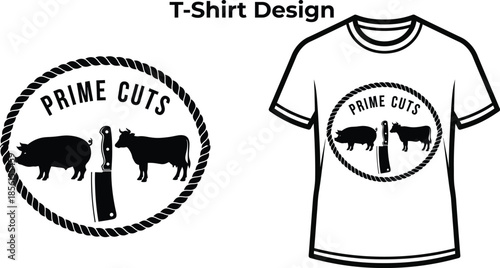 T-shirt design of Prime cuts typography with cow and pig for butcher logo, farm meat food badge, agriculture market emblem and isolated on transparent livestock graphic illustration