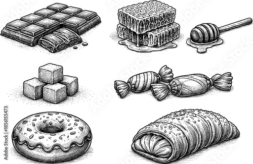 Hand drawn confectionery delights: chocolate, honeycomb, and pastries