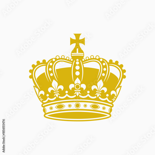 Golden royal crown with cross on a simple white background