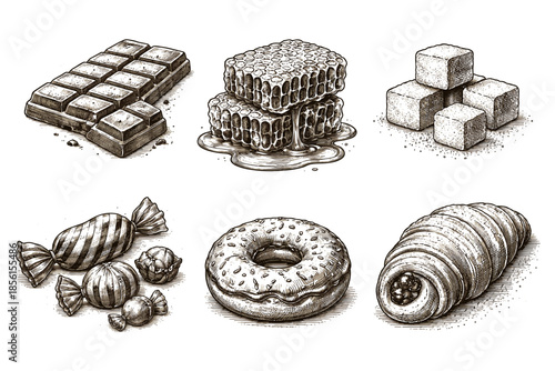 Hand drawn sweets: chocolate, honeycomb, sugar cubes, and confectionery delights in vintage style