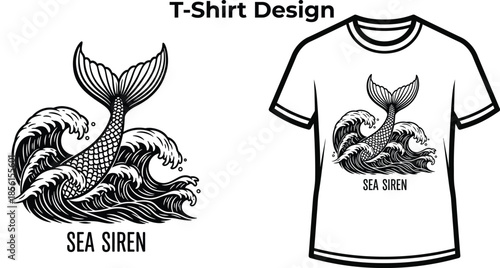 T-shirt design of Sea siren typography with whale tail in waves for ocean logo, marine nature animal badge, aquatic life emblem and isolated on transparent water graphic illustration