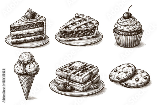 Vintage desserts collection: hand drawn cakes, pies, and sweets