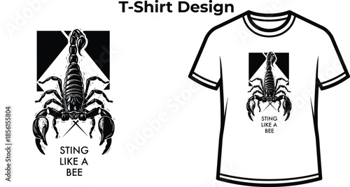 T-shirt design of Sting like a bee typography with scorpion for dangerous logo, wild desert animal badge, poison insect emblem and isolated on transparent nature graphic illustration