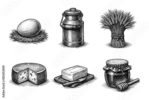 Rustic farm products with vintage hatch style: egg, milk, wheat, cheese, butter, and honey jar