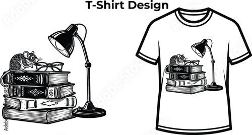 T-shirt design of Study time illustration with lamp and stacked books for education logo, reading library badge, academic learning emblem and isolated on transparent school graphic sketch