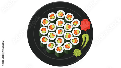 Elegant black plate generously filled with numerous fresh sushi maki rolls, featuring salmon and cucumber, accompanied by wasabi and ginger.