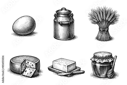 Vintage engraved food collection with egg, milk can, wheat, cheese, butter, and honey jar