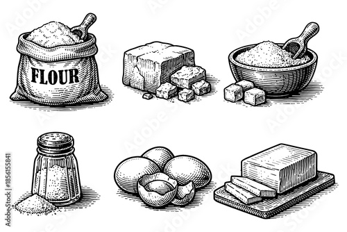 Vintage bakery ingredients: hand-drawn flour, sugar, butter, and eggs