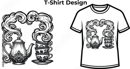 T-shirt design of Teapot illustration with steam clouds for cafe logo design, hot drink beverage badge, breakfast tea emblem and isolated on transparent kitchen graphic sketch