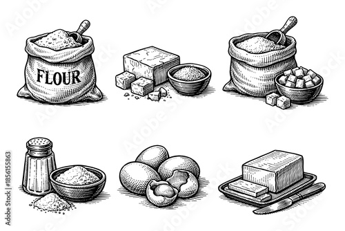 Hand drawn baking ingredients: flour, sugar, eggs, butter, and cheese