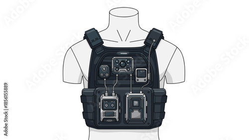 Advanced tactical vest or bulletproof vest on a torso, equipped with various high-tech gadgets, cameras, and communication devices for professionals.