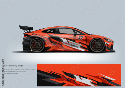 Stylish automotive wrap design showcasing dynamic stripe elements on a modern hatchback vehicle. Suitable for visual presentations related to transportation, vehicle customization, and graphic design 