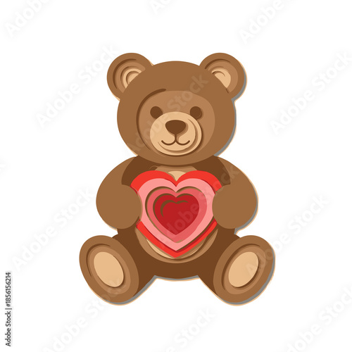 Cute cartoon teddy bear holding heart-shaped gifts in hand  