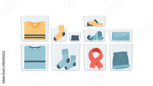 Assortment of clear storage bins containing neatly folded clothes, socks, and a red scarf, representing efficient wardrobe organization.