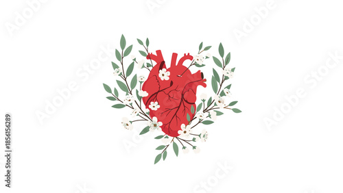 Detailed anatomical heart surrounded by a beautiful arrangement of delicate green leaves and pristine white blossoms, symbolizing life and nature.