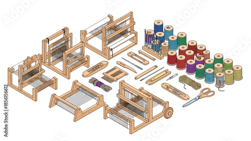 Isometric collection featuring diverse small wooden weaving looms, a multitude of colorful thread spools, and various essential crafting tools.