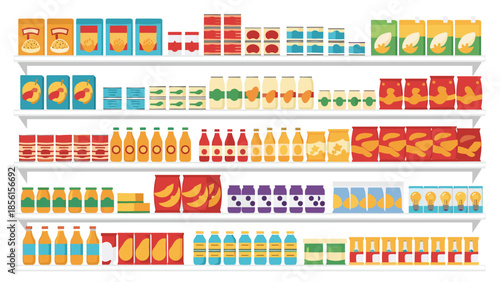 Colorful supermarket shelves brimming with a wide variety of food items, including snacks, beverages, and canned goods, in a detailed flat design.