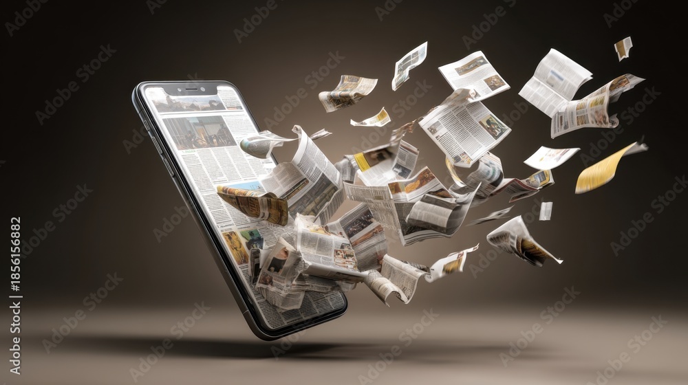 Naklejka premium A smartphone sits in the center as various newspapers burst out from its screen. The scene shows the transition from traditional media to digital forms.