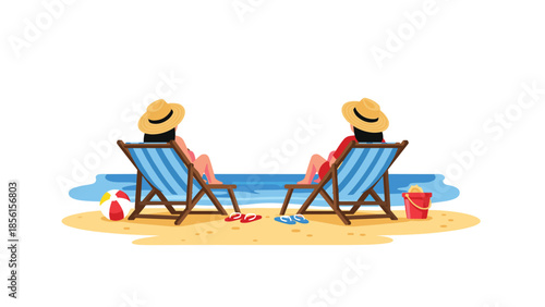 Two women peacefully relaxing on beach chairs, gazing at the tranquil ocean, with a colorful beach ball and pail nearby, on vacation.