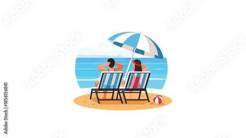 Happy couple relaxing together on beach chairs under a striped umbrella, facing the serene ocean with a beach ball, enjoying their vacation.