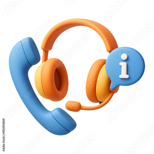 A vibrant 3d illustration of headphones and a telephone with an info icon on transparent