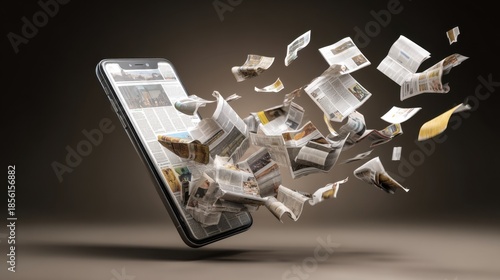 A smartphone sits in the center as various newspapers burst out from its screen. The scene shows the transition from traditional media to digital forms.