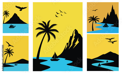 Set of modern mountain landscape posters. Abstract vector nature scenes for banners or backgrounds. Flat design illustration collection for travel, adventure with leisure time and outdoor tourism.