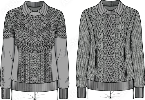  Cable knit sweater fashion illustration with detailed textures, long sleeve winter pullover design templates, classic unisex knitwear technical drawing, cozy apparel artwork