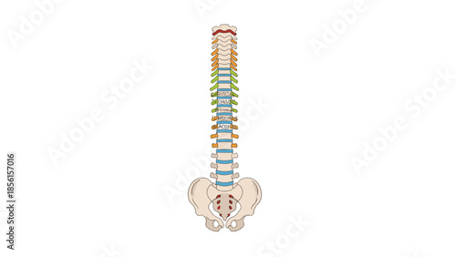 Detailed colorful anatomical illustration of the human spine and pelvis, showcasing various vertebrae and discs for medical education.