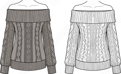  Off shoulder cable knit sweater fashion illustration, detailed winter pullover vector template, cozy textured knitwear design for women clothing, apparel sketch reference