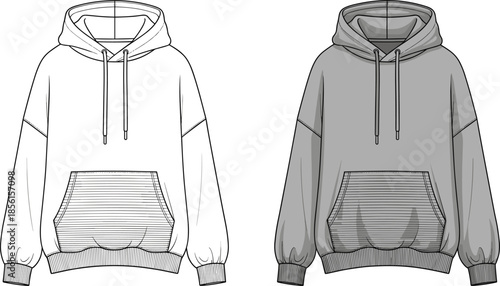  Oversized hoodie fashion flat with ribbed hem cuffs and kangaroo pocket, front technical apparel sketch, detailed sweatshirt design vector illustration